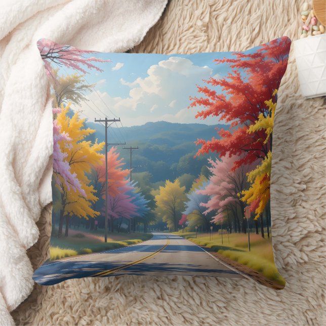 Pastel Autumn Country Road Watercolor Cushion (Blanket)