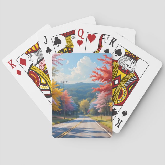Pastel Autumn Country Road Watercolor Playing Cards (Back)