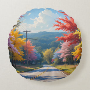 Pastel Autumn Country Road Watercolor Round Cushion