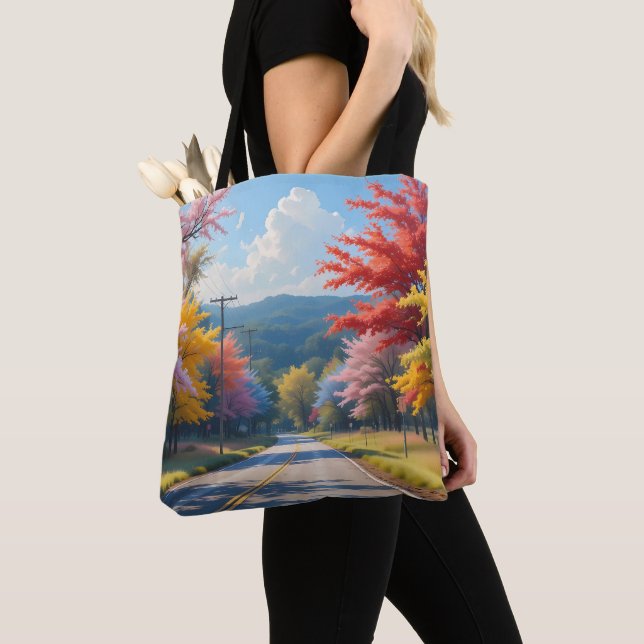 Pastel Autumn Country Road Watercolor Tote Bag (Close Up)