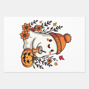 Pastel Autumn Kawaii Ghost Fall Pumpkin Spice Wrapping Paper Sheet