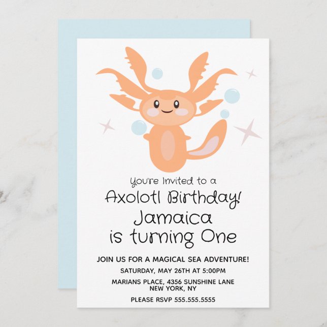 Pastel Axolotl Ocean Creature 1st Birthday Party  Invitation (Front/Back)