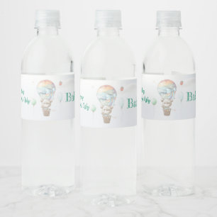 Pastel Baby Bear Hot Air Balloon Baby Shower Water Bottle Label