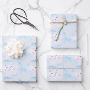 Pastel Baby Blue Clouds on Blue  Wrapping Paper Sheet