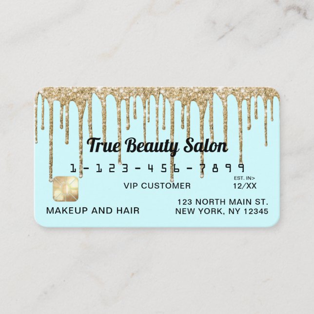 Pastel Baby Blue Gold Glitter Drips Credit Business Card (Front)