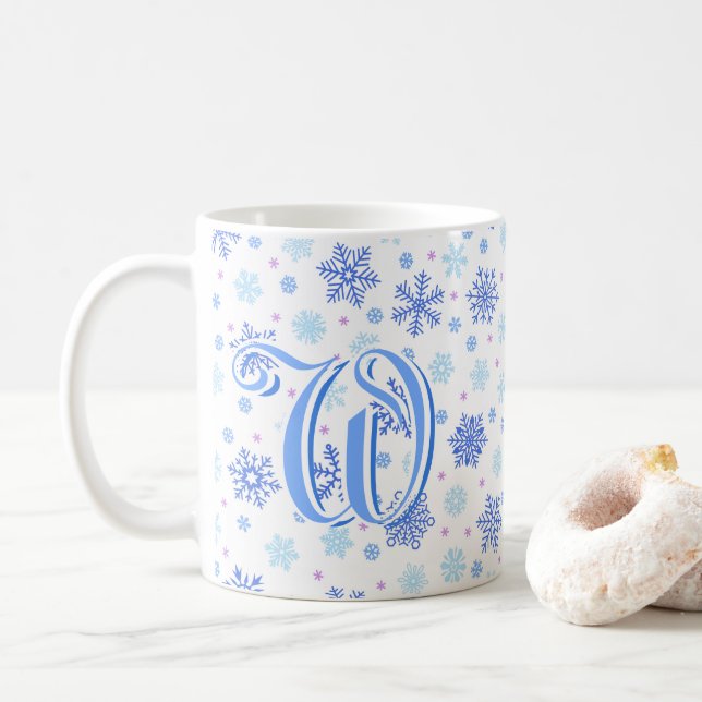 Pastel Baby Blue Snowflake Elegant Custom Monogram Coffee Mug (With Donut)