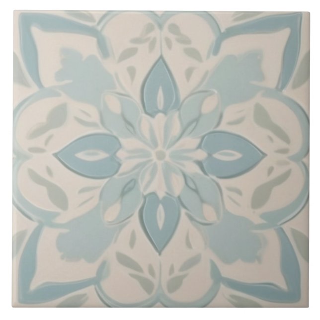 Pastel Baby Blue & White Decorative Floral Tile (Front)