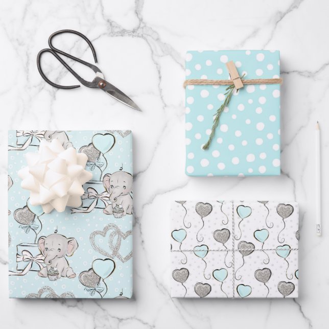 Pastel Baby Boy Cute Elephant  Wrapping Paper Sheet (Front)