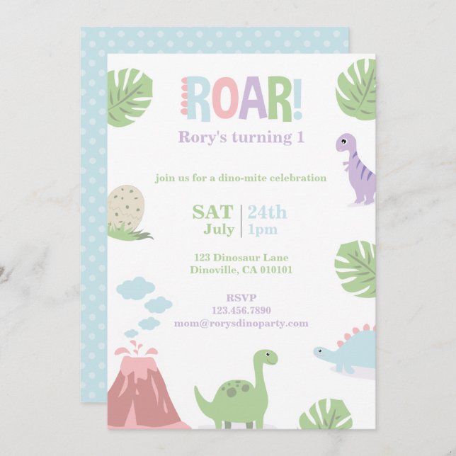 Pastel Baby Dinosaur Kids Birthday Party Holiday Card (Front/Back)