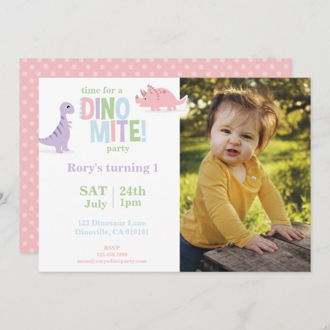 Pastel Baby Dinosaur Kids Photo Birthday Party Holiday Card (Front/Back)