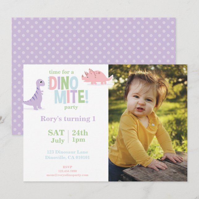 Pastel Baby Dinosaur Kids Photo Birthday Party Holiday Card (Front/Back)
