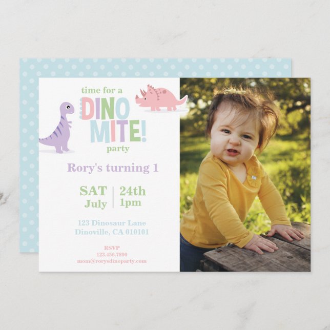 Pastel Baby Dinosaur Kids Photo Birthday Party Holiday Card (Front/Back)