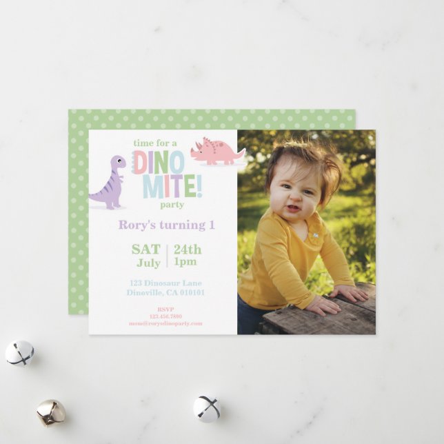 Pastel Baby Dinosaur Kids Photo Birthday Party Holiday Card (Front/Back In Situ)