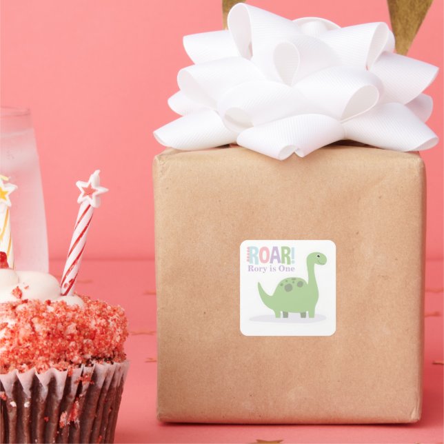 Pastel Baby Dinosaurs Roar Birthday Party Square Sticker (Party)