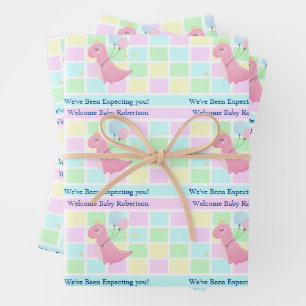 Pastel Baby Shower Cute Dino Add Text Name Wrapping Paper Sheet