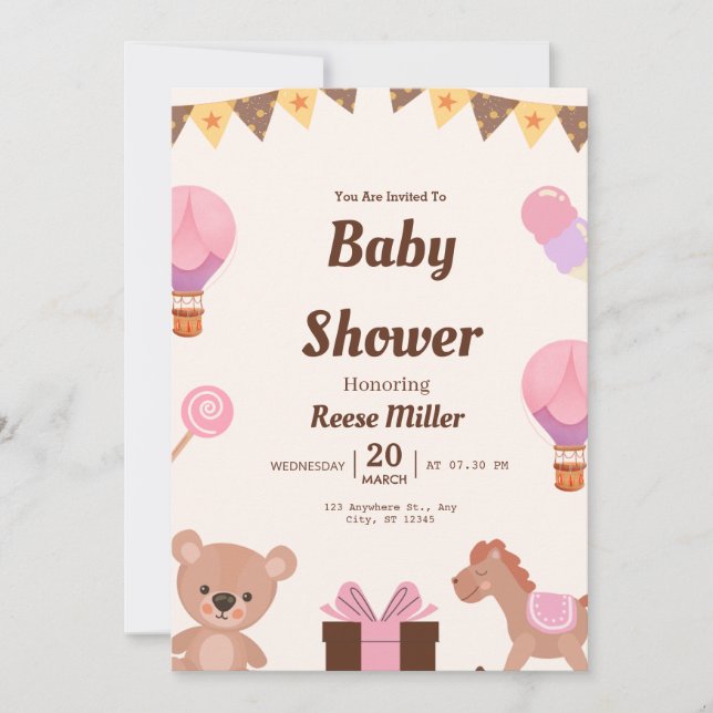 Pastel Baby Shower Invite – Balloons, Bear & Candy (Front)