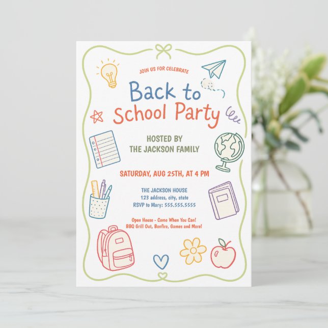 Pastel Back to School Party Doodle Invitation (Standing Front)