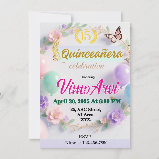 Pastel Balloons and Butterflies Quinceañera  Invitation (Front)