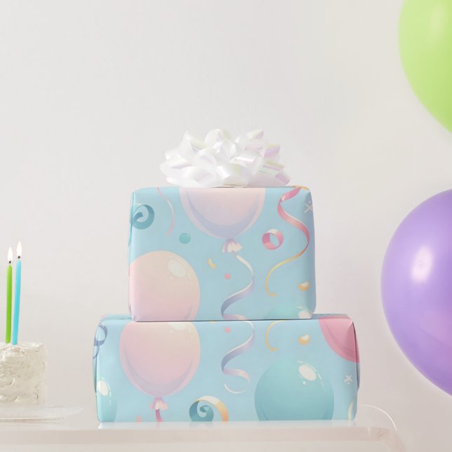 Pastel Balloons and Curling Ribbon Wrapping Paper (Party Gifts)