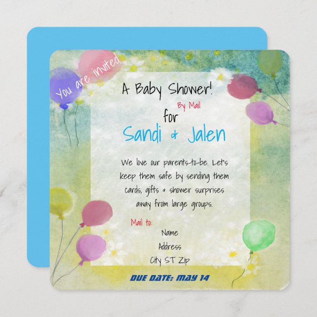 Pastel Balloons Baby Shower by Mail Watercolor Invitation (Front/Back)