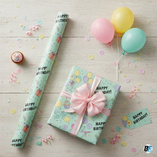 Pastel Balloons & Cupcakes Happy Birthday Wrapping Paper