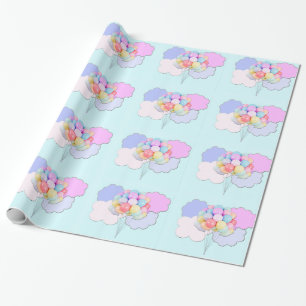 Pastel Balloons in Clouds on Blue Wrapping Paper
