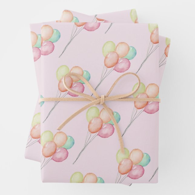 Pastel Balloons Pink Baby Shower Wrapping Paper Sheet (In situ)