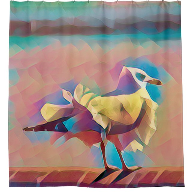 Pastel beach seagull coral turquoise geometric shower curtain (Front)