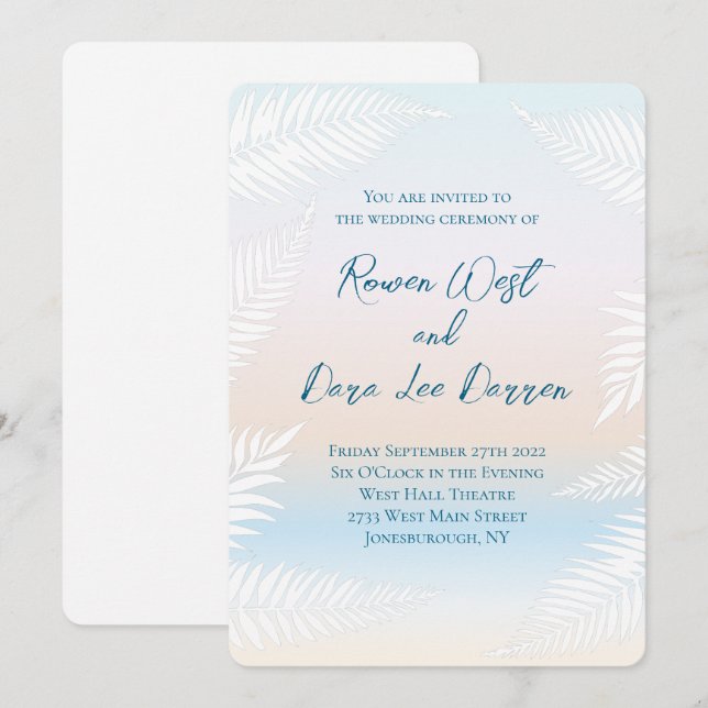 Pastel Beach Sunset Tropical Palm Leaf Wedding Invitation (Front/Back)
