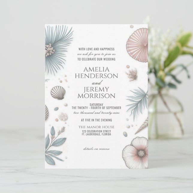 Pastel Beach Wedding Invitation with QR Code (Standing Front)