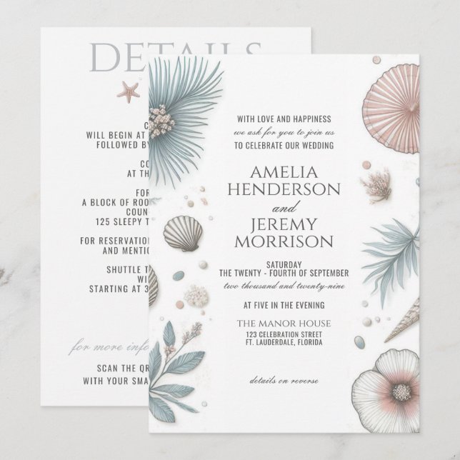 Pastel Beach Wedding Invitation with QR & Details (Front/Back)