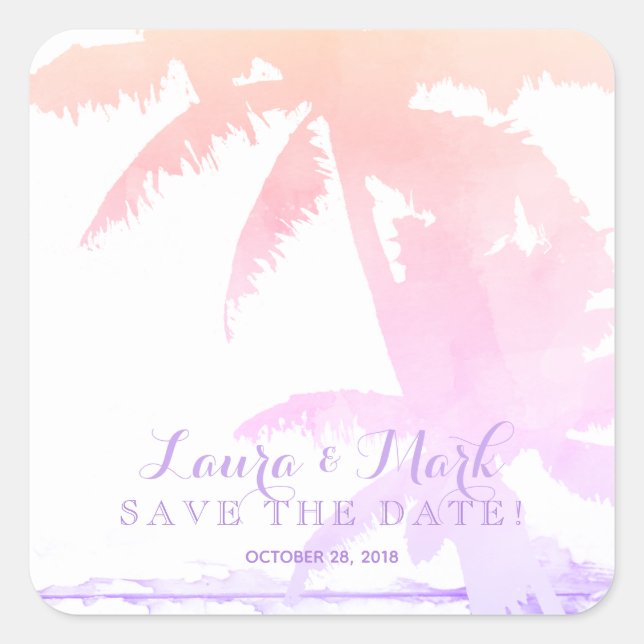 Pastel Beach Wedding Palm Tree Leaves Sunrise Square Sticker (Front)