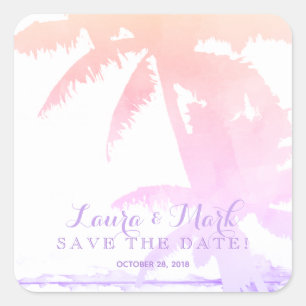 Pastel Beach Wedding Palm Tree Leaves Sunrise Square Sticker
