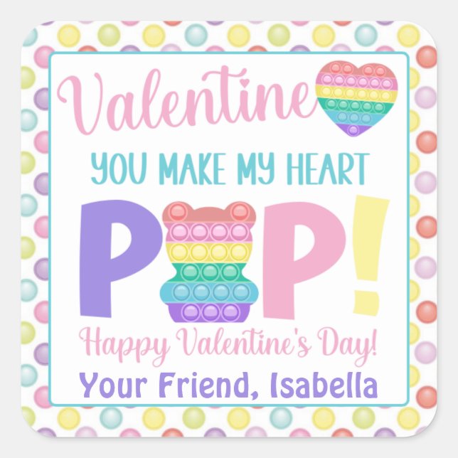 Pastel Bear Pop It Kids' Valentine's Day Square Sticker (Front)