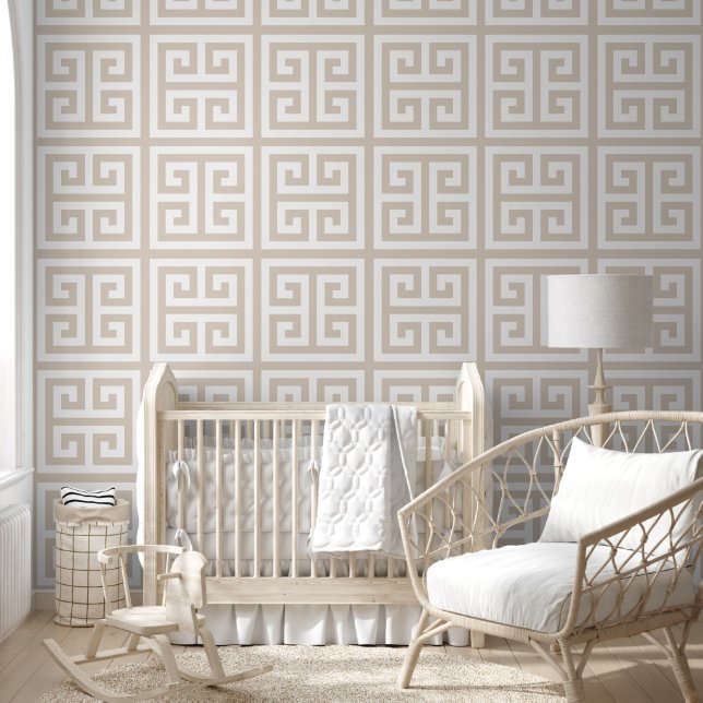 Pastel Beige and White Large Greek Key Wallpaper (Kids)