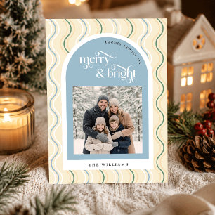 Pastel Beige & Blue Wavy Stripes Photo Christmas Holiday Card