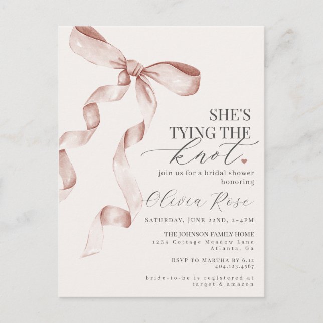 Pastel Beige Coquette Bow Bridal Shower Invite Postcard (Front)