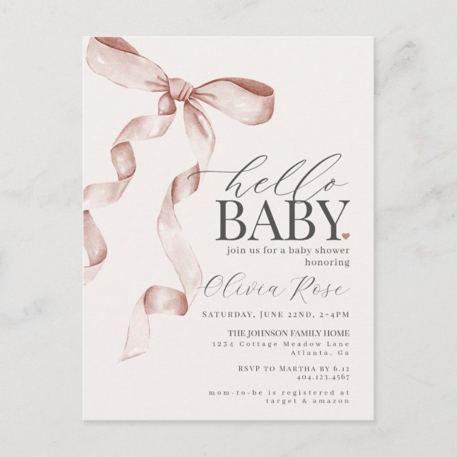 Pastel Beige Coquette Bow Girl Baby Shower Invite Postcard (Front)