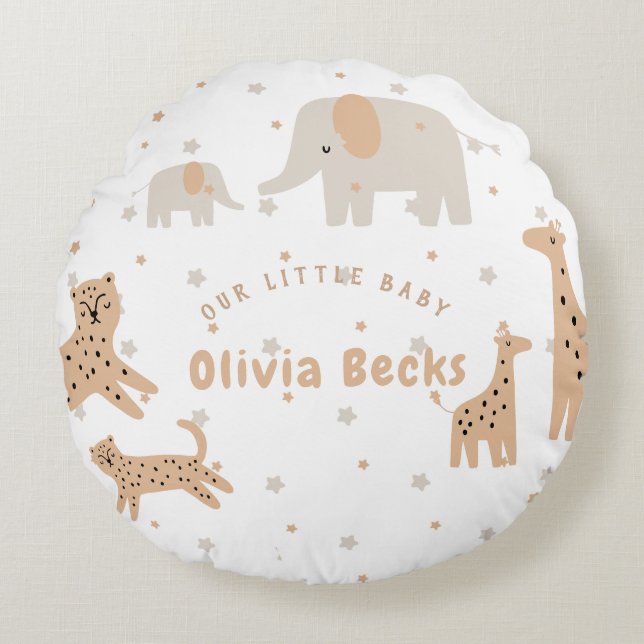 Pastel Beige Cute Illustrative Baby Shower Round Cushion (Front)