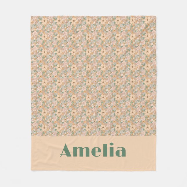 Pastel beige floral pattern name fleece blanket (Front)