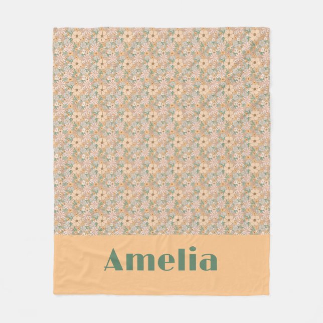 Pastel beige floral pattern name fleece blanket (Front)