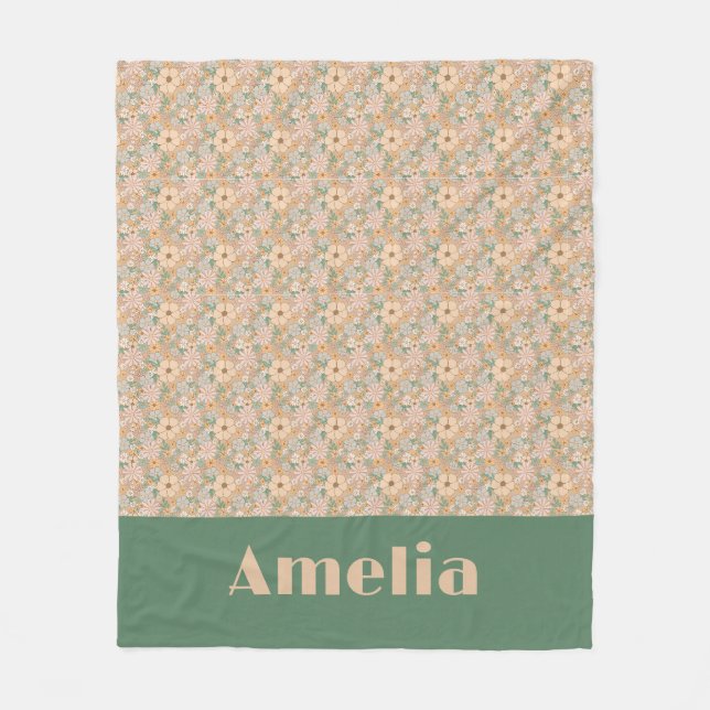 Pastel beige floral pattern name fleece blanket (Front)
