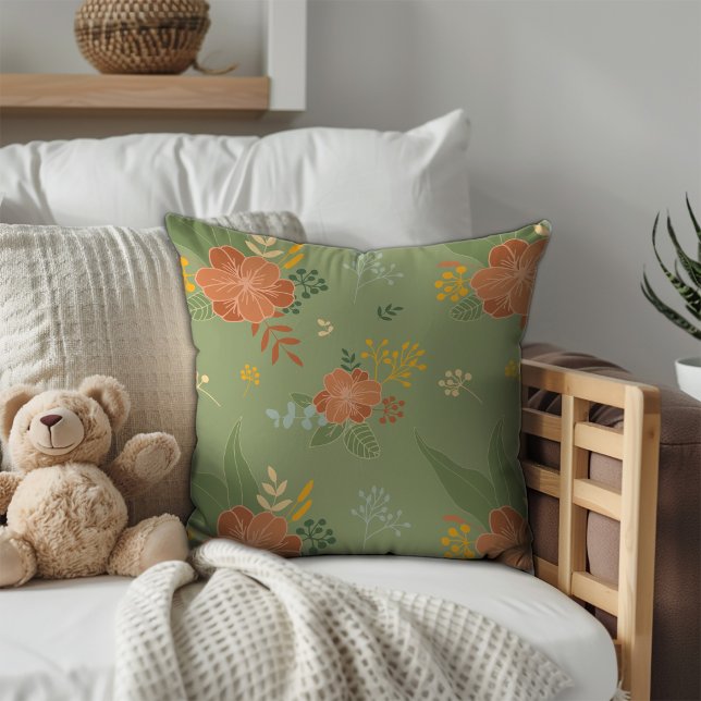 Pastel beige green mint floral pattern monogram cushion (Creator Uploaded)