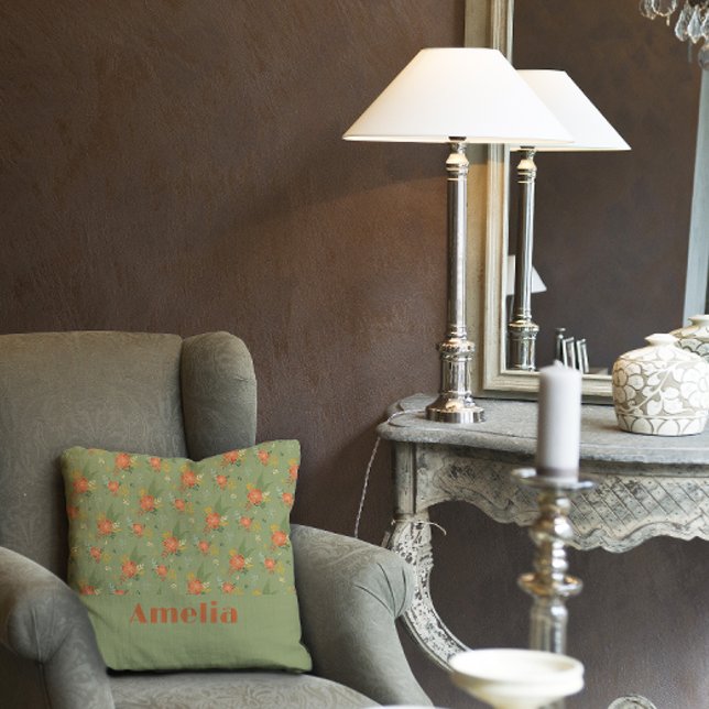 Pastel beige green mint floral pattern name cushion (Creator Uploaded)