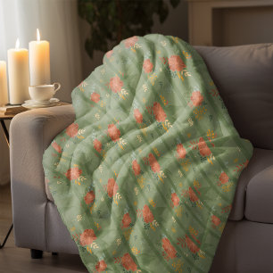 Pastel beige green mint floral stripe pattern fleece blanket