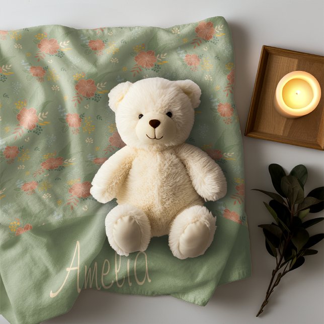 Pastel beige green mint floral stripe pattern name fleece blanket (Creator Uploaded)