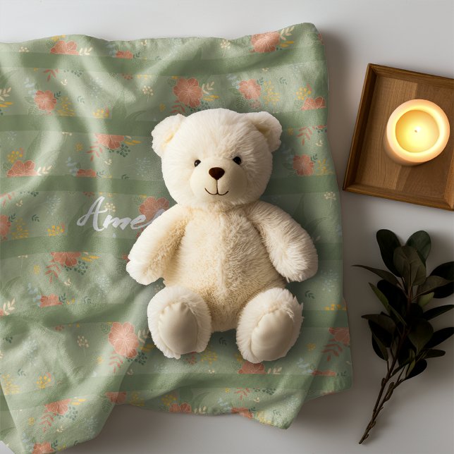 Pastel beige green mint floral stripe pattern name fleece blanket (Creator Uploaded)