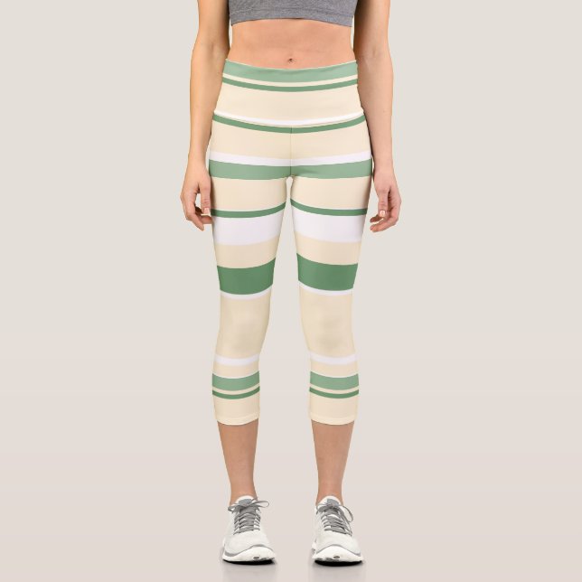 Pastel Beige Olive Green White Lines Stripes Capri Leggings (Front)