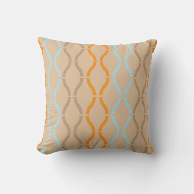 Pastel Beige Orange & Blue Geometric Retro Pattern Cushion (Front)