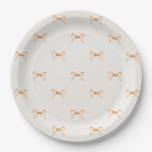 Pastel Beige Paper Plate with Gold Bow Pattern (Front)
